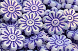 2 x Tsjechische pressed beads glaskralen Daisy Flower Bead 18x18mm gat 1mm paars