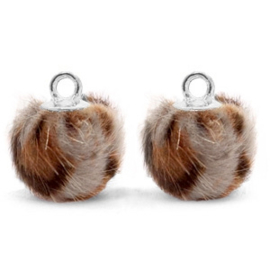 2 x Pompom bedels met oog faux fur leopard 12mm Taupe brown-silver