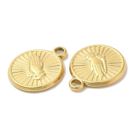 1 x Ion Plating (IP) RVS 304 bedel biddende handen Real 18k Gold Plated, 19 x 16 x 2mm oogje 2mm