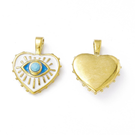 1 x RVS 201 PVD vacuum plating hart bedel met evil eye, blauwe edelsteen18K Gold plated 21,5 x 17,5 x 5,5mm oogje 5 x 3mm