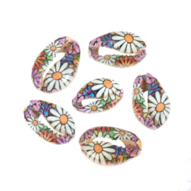 5 x  handbeschilderde kauri kralen met bloemen 25 x 17mm-18mm x 14mm margrietjes