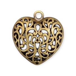 1 x Metalen bedel bali style hart 35 x 34,5mm x 11mm oogje 3,5mm geel koper kleur