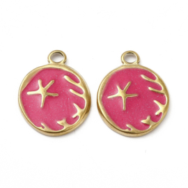 1 x RVS 201 PVD vacuum plating ronde bedel met zeester,  Camellia kleur 18K Gold plated 19 x 15 x 2mm oogje 2,6mm