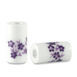 10 x Kralen keramiek tubes White-lotus purple