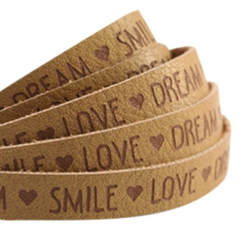 20 cm plat imi leer 10mm met quote - Smile Love Dream - Mustard Brown ♥