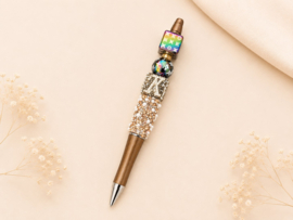 1 x Handgemaakte kralenpen met oplakparels, strass en bling-bling kralen ca. 14 cm – chocoladebruin
