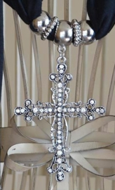 Schitterende Polyester Katoen bedel sjaal zwart met metalen groot Kruis hanger met strass 