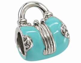 1 x Metalen European Jewelry kraal tasje 13 x 11 x 8 mm – gat 4 mm – platinumkleur met blauwe emaille