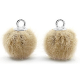 2 x Pompom bedels met oog faux fur 12mm Taupe brown-silver