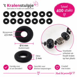1 doosje 400 x Rubber stopper kralen 6 x 2 mm – gat 2,5 mm – zwart