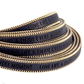 20 cm  Quote imi leer 10mm met schakelketting  goud - Love life -  Dark midnight blue ♥