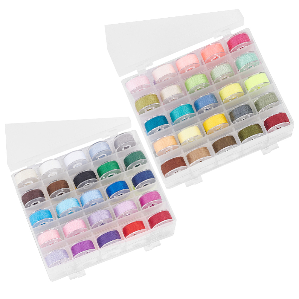 Set van 50 spoeltjes naaigaren – ca. 0,2 mm – ca. 25 meter per spoeltje – met transparant opbergdoosje – gemixte kleuren