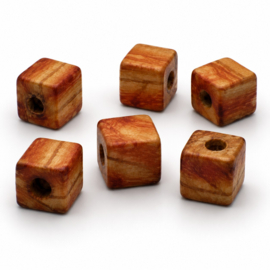25 x Afrikaanse houten kralen kubus 8 x 8 mm – gat ca. 3 mm – met bewerkte print