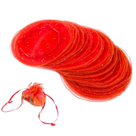 10  x  ronde organza zakje rood met zilveren stippen, Ø 24 cm  (op is op!)