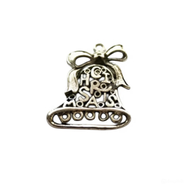 Metalen kerstbel bedel "Christmas", antiek zilverkleur, afm. 35 x 30 mm