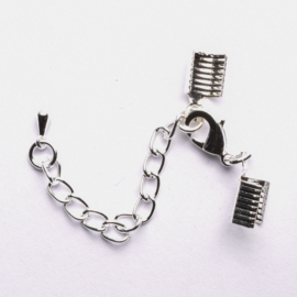 2 x Verzilverde veterklem met sluiting incl. verlengketting 5x10mm sluiting Ø 4mm