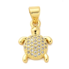 Metalen schildpad bedeltje met strass, duurame plating 18K gold plated 16 x 11,5 x 3,5mm bails:  7 x 6mm