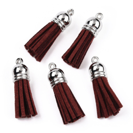 2 x Suede kwastje met messing 35–37 x 10 mm – oogje 1,8 mm – dark red / platinumkleur