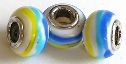 Per stuk Glaskraal European style wit met geel/blauw/aqua streep 14 mm