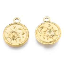 1 x Ion Plating (IP) RVS 201 Maan, zon sterren Bedeltje Real 18K Gold Plated, 19 x 15,5 x 2,5mm, Oogje: 2mm