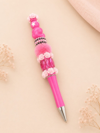 1 x Handgemaakte kralenpen met strass, roosjes en strik ca. 14 cm – roze