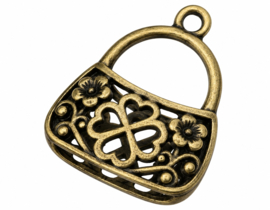 1 x Metalen 3D Bali Style bedel tasje met klaver 4 24 x 19 mm – geel koper kleur
