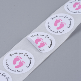 1 rol 500 stickers Wensetiket zegel rond 25mm Baby Shower Stickers, Thank You for Showering Us with So Much Love Roze