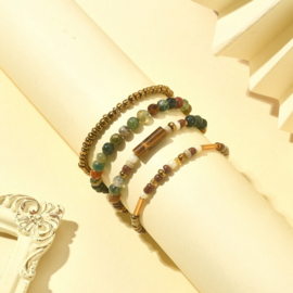 1 x set van 4 edelsteen armbandjes – Indian Agate, Tijgeroog & glaskralen – elastisch – ca. Ø 54 mm