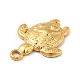1 x Ion Plating (IP) RVS 201 Schildpad Bedeltje Real 18K Gold Plated, 23,5 x 18x 3mm, Oogje: 3mm