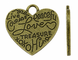 2 x Metalen bedel hart 24 x 23 x 2 mm – oogje 6 mm – geelkoperkleur