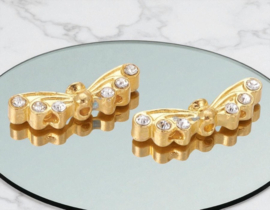 2 x Metalen vleugelkraal - verdeler - met 3 gaten – goudkleur met strass – 21,5 x 6 x 4 mm – gaten: 1,5 mm