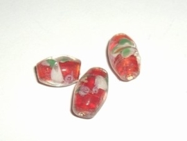 4 x Glaskraal ovaal 14x9mm rood met bloemen