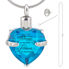 Gedenk hanger mini urn Always On My Mind, Forever In My Heart met RVS kettng incl. vulsetje Blauw