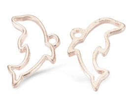 2 x Metalen bedeltje van een  dolfijn, rose goldkleur, afm. 22 x 13,5 x 2mm oogje 2mm
