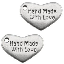 Bedels DQ hart "hand made with love" Antiek zilver 10 x 15mm ♥