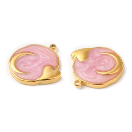 1 x RVS 304  Bedel rond maan en hartje Pearl Pink, 18K goldplated 17,5 x 17 x 2mm oogje: 1,4mm
