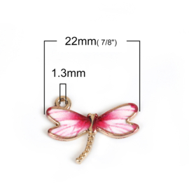 2 x vergulde bedel libelle met epoxy roze, rood, wit afm. 22 x 17mm oogje: 1mm