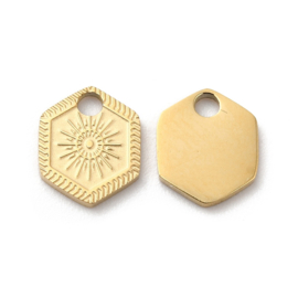 1 x  Ion Plating (IP) chirurgisch staal RVS 316L bedel Hexagon met zon Real 18k Gold Plated, 7 x 8,2 x 1mm oogje 1,5mm