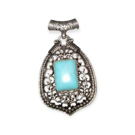 Metalen messing hanger voor bijvoorbeeld een sjaal of ketting  sjaal bedel  met blauwe natuursteen 39 x 68 x 8mm Gat: c.a 6mm