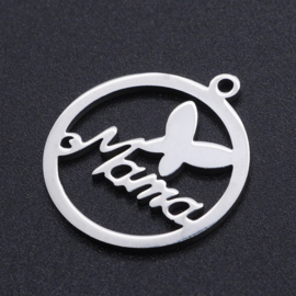 1 x Non-Tarnish RVS 201 Ronde Mama vlinder bedel  laser cut ,  22,5 x 19,5 x 1mm oogje:  1,4mm