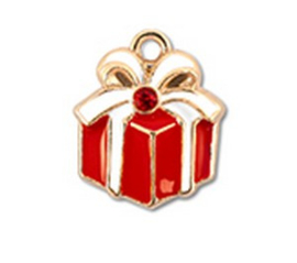 1 x Bedels metaal zirkonia cadeautje Goud-rood-wit ca. 17x15mm (Ø2mm) (Nikkelvrij)