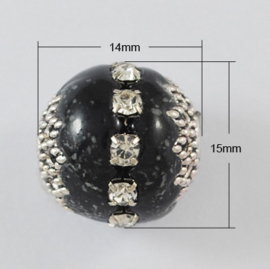 Handgemaakte Bohemian kraal, Kashmiri kraal 16~18 x 15~16 mm ingelegd met metaal en strass Gat: 2mm zwart