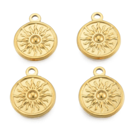 1 x Ion Plating (IP) RVS 201 zon sterren maan bedel Real 18k Gold Plated, 19 x 15,5 x 2,5mm, oogje 2mm
