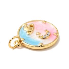 Bedel maan en planet blauw roze, emaille met Zirconia , 18K Gold plated 16,5 x 14 x 2,5mm oogje 3,4mm (Nikkelvrij)