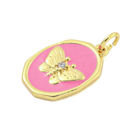 Bedel emaille ovaal vlinder roze met Zirconia steentje, 18K goldplated 18 x 12 x 2,5mm oogje 3mm