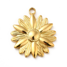 1 x Ion Plating (IP) RVS 304 Zon of bloem Bedeltje Real 18K Gold Plated, 25,5 x 22 x 3mm, oogje: 2.5mm