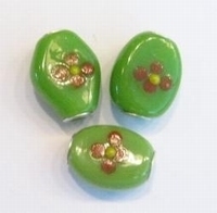 Per stuk European-style kraal ovaal Groen met bloem 20 mm