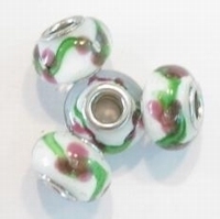 Per stuk Glaskraal European-style wit met bloem 14 mm