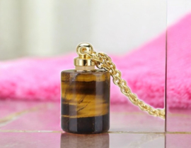 Gedenk hanger mini urn van edelsteen Tijger Oog met RVS ketting goudkleur