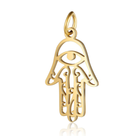 1 x RVS 201 Hamsa hand Fatima bedel Goud kleur, 21,5 x 13 x 1mm met buigring oogje:  3mm